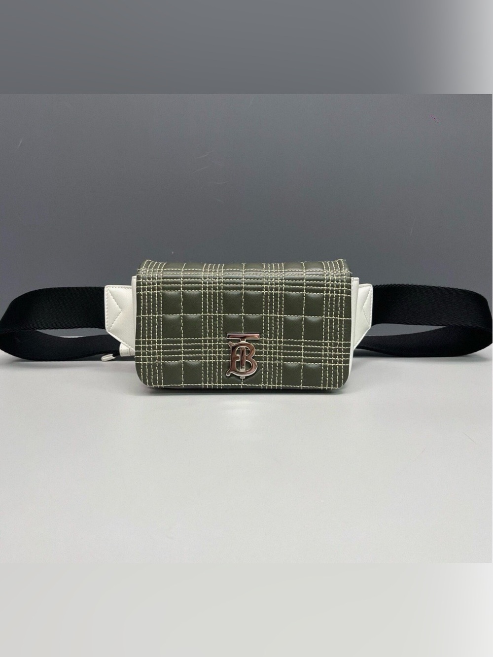 Burberry Quilted Crossbody Belt Bag in Olive Green and White